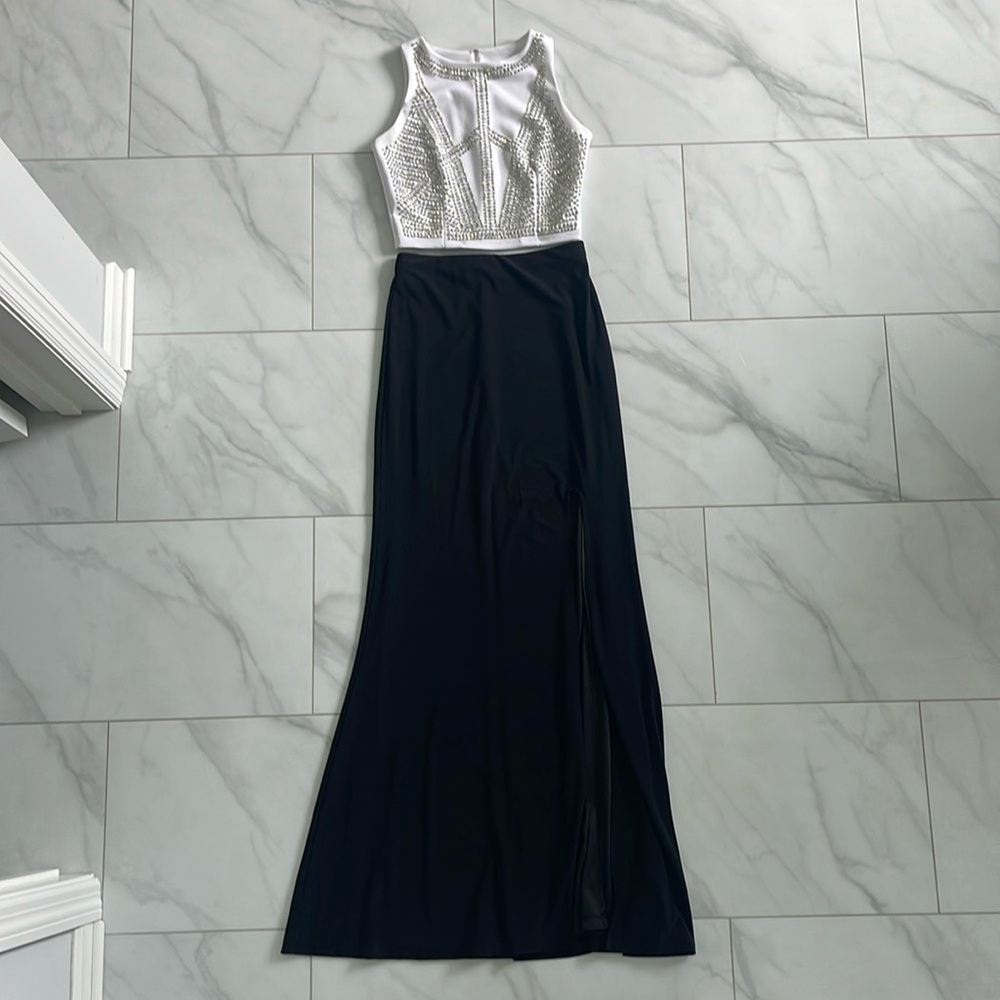 2 piece set with cropped beaded top and long black skirt with high leg slit